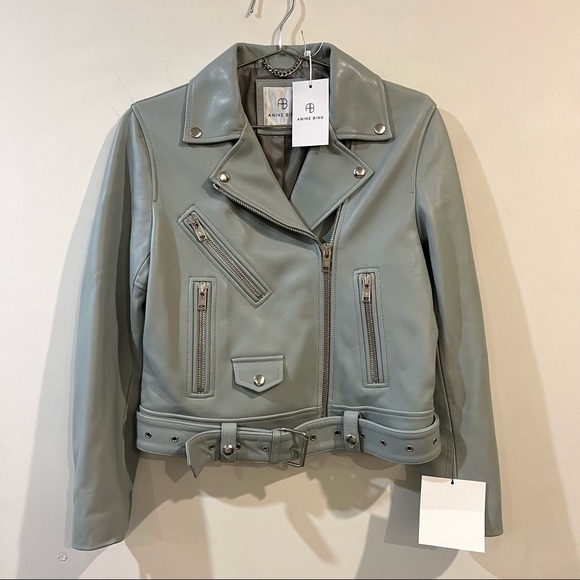 Anine Bing Benjamin Moto Leather Jacket in Dusty Mint Size XS NEW with tags! - Picture 2 of 11